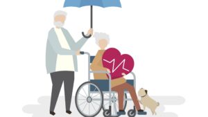 Illustratie van man die paraplu houdt boven vrouw in rolstoel met harticoon, symbool voor bescherming bij langdurige zorg thuis.